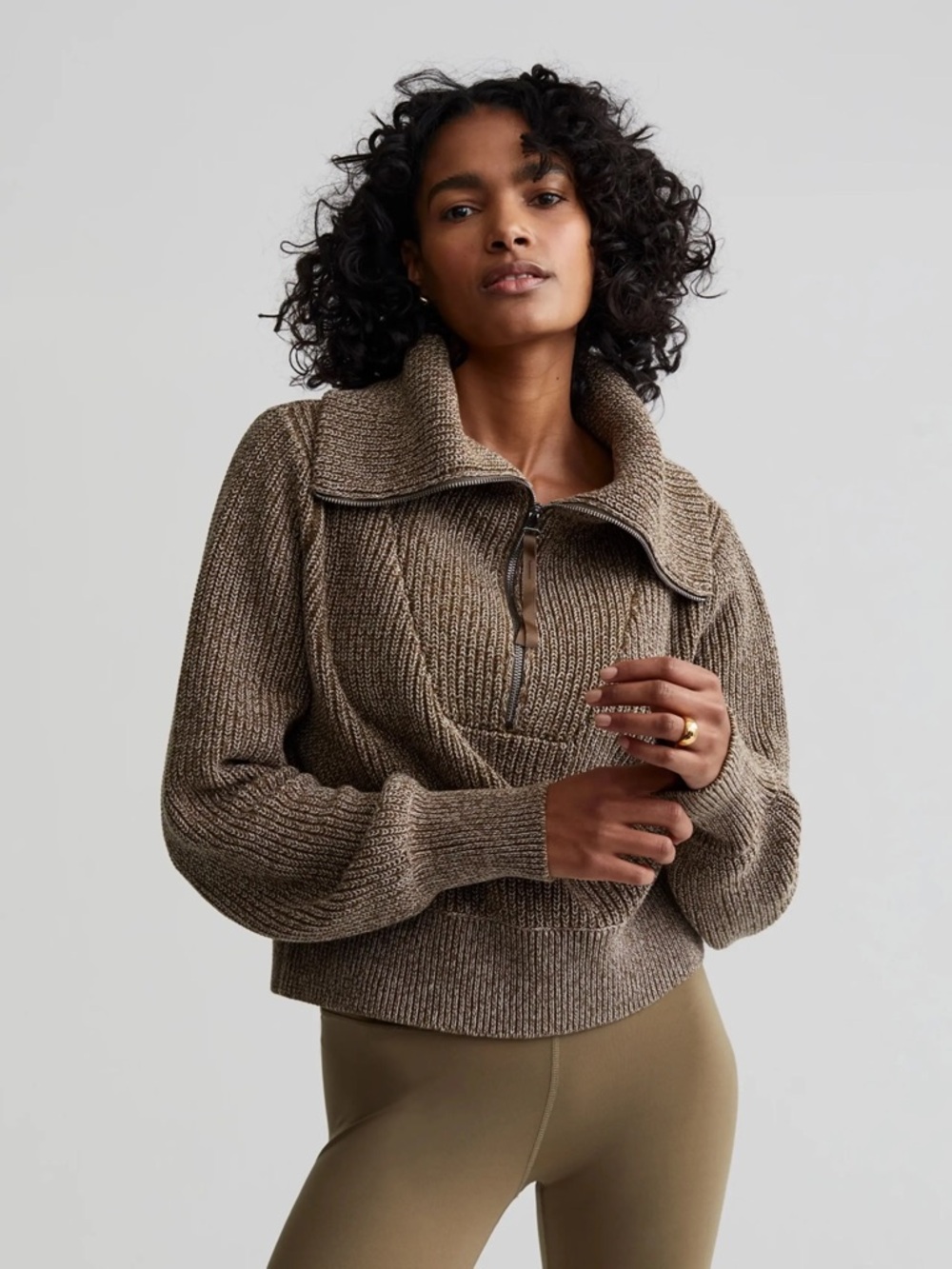 Varley Mentone Cotton True Knit Dark Olive Speckle Chunky Collared Sweater